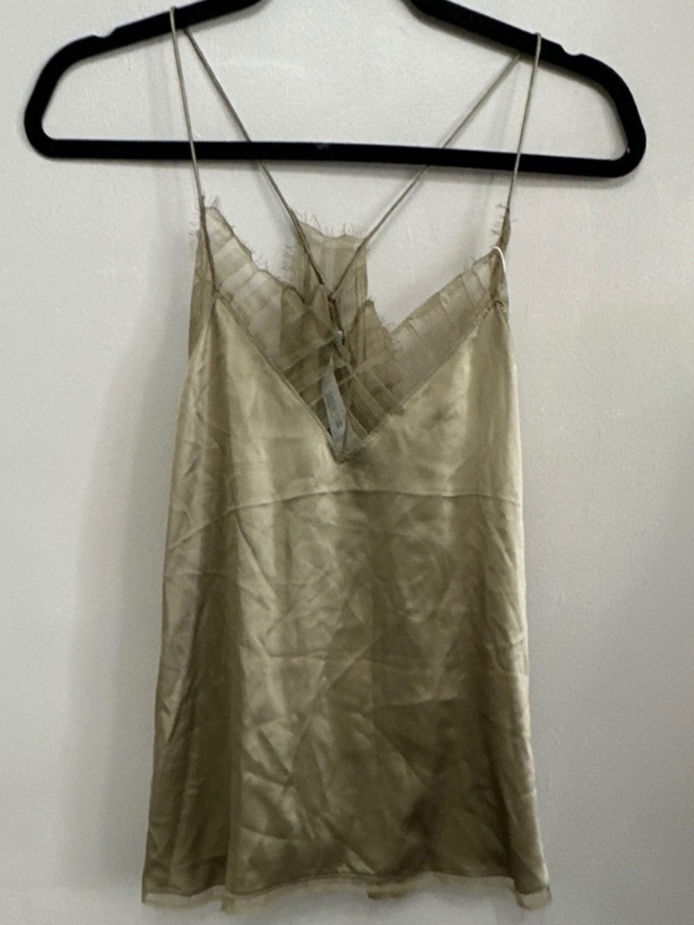 IRO Silk Satin Lace Trim V-Neck Spaghetti Strap Cami Top Olive Size 36